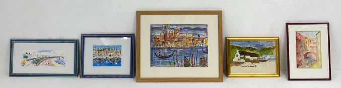 Five contemporary watercolours depicting Continental and English coastal scenes, all framed and