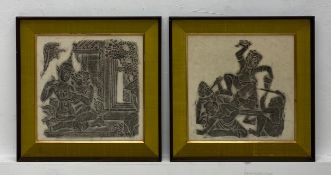 A pair of mid century Thai temple charcoal rubbings on rice paper depicting figural deities, both