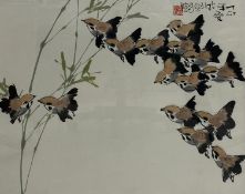 Tan Changrong (b.1933), a contemporary Chinese ink and colour on paper titled 'Birds Flying