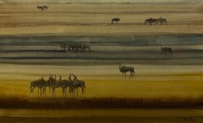 Gordon Frank Vorster (1924-1988), a large oil on canvas, antelope in an expansive African landscape,