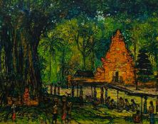 Roesli Hakim (b.1936), a contemporary Balinese oil on canvas, figures before a temple in a dense