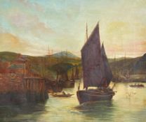 A 19th century oil on canvas, boats coming in to dock in mountainous landscape, signed G. J. Sarah