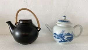 A possibly 18th century blue and white Chinoiserie teapot along with a Japanese style teapot by Ulla