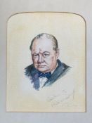 A framed and glazed watercolour portrait study of Winston Churchill signed Gordon J McKelvey. H.42