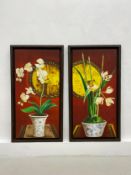 A pair of contemporary Oriental style oils on canvas, still life vases and flowers, each signed to