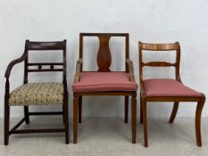 A mixed lot of three chairs to include a Regency mahogany elbow chair with a shaped back and arms