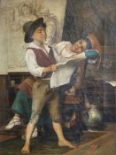 A 19th century oil on canvas in maple frame, interior scene with mother and child, monogrammed