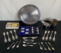 Five items of hallmarked silver cutlery and a miscellaneous collection of silver plated items.