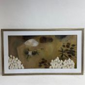 A large acrylic on canvas, surrealist composition, indistinctly signed, framed, unglazed. 82x144cm
