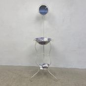 A C.1900 French painted metal washstand with blue and white washbowls and soap tray. H.154cm