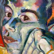 Sandra Sashou, an oil on canvas portrait study, signed, unframed. H.100 W.100cm