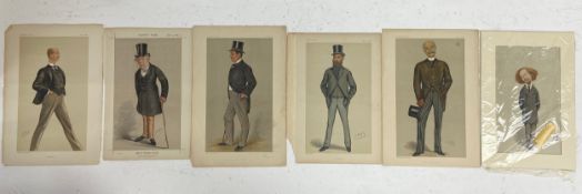 A collection of six unframed Vanity Fair prints with notes and labels to the reverse. H.39 W.27cm