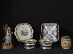 A mixed collection to include a pair of silver plated wine coasters, Continental figure, two