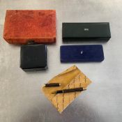 A Pierre Cardin fountain pen, various cases and a fitted leather jewellery box and contents.