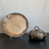 An Elkington plate serving tray and a Goldsmiths Regent plate serving tureen. Dia.36cm