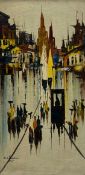 A 1960s Filipino School oil on canvas, stylised figures in an abstract cityscape, signed and dated