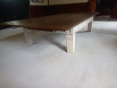 An oak topped coffee table on distressed painted base, converted from a mid century draw leaf table.