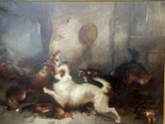 George Armfield (1808-1893), a large 19th century oil on canvas depicting terriers, a fox and a