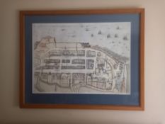 A large modern lithograph print of the C.1580 Geddy map of St Andrews, Scotland in a glazed frame.