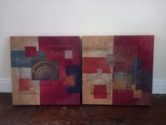 A pair of mixed media artworks on canvas, abstract architectural compositions, signed to verso.