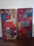 A pair of large mixed media artworks on canvas, abstract architectural compositions, signed to