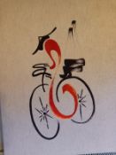 A mid century needlework panel depicting a Chinese figure on a bicycle. 80x64cm
