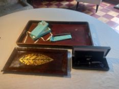 A Montblanc fountain pen with 14k nib a Tiffany pen, a small glass tray and an inlaid lacquered