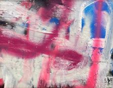 Mixed media on board, graffiti art style composition in gilt frame. H.50 W.43cm