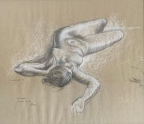 A contemporary charcoal and white chalk nude study, signed and dated 1991 in a glazed frame. H.60