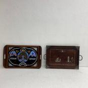 A vintage mahogany and inlaid twin handled tray inset with inlay from butterfly wings along with a