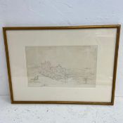 A 19th century framed and glazed pencil drawing, figures by a castle ruin in a landscape. 46x34cm