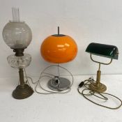 A 1970's vintage table lamp with amber glass shade, a 19th century brass oil lamp converted for