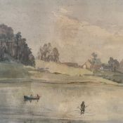 An early 20th century watercolour depicting figures fishing with a boat on a lake in a glazed frame.