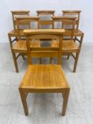 A set of six vintage solid beech War Department dining chairs with maker's marks. H.81cm