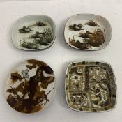 A pair of Royal Copenhagen dishes decorated with ducks amongst reeds and two other similar dishes.