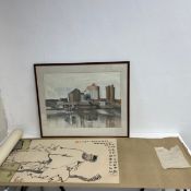 A framed and glazed expressionist watercolour, industrial cityscape and a Chinese scroll bearing