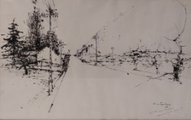Michel de Gallard (1921-2007), a mid century ink study of a hotel, signed to the lower right in a