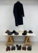 A mixed collection of gentlemen's clothes to include a Versace overcoat size european 48, eight hats