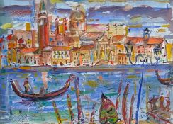 A contemporary pastel and watercolour view of Venice by Bernard Charles Mangez in a glazed oak