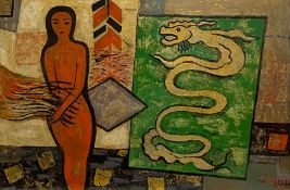 A Vietnamese mixed media painting on board, abstract figure and dragon, signed M. Hien to the