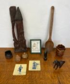 A mixed lot to include carvings, Dutch blue and white tiles, other ceramics, a small leather horse