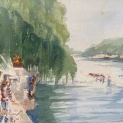 A mid 20th century watercolour depicting figures on a riverbank watching a boat race in a glazed