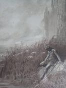 A 19th century watercolour and wash study, possibly King Arthur by the lake, framed and glazed.