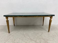 A French Empire style giltwood coffee table with a rectangular marble top and fitted piece of