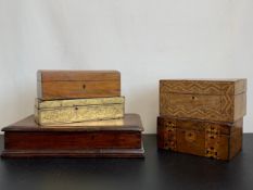 A miscellaneous collection of 19th century boxes to include Tunbridge inlaid, olivewood and a hand