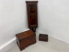 A small 18th century yew-wood box with inscribed label along with a mahogany wall-hanging corner