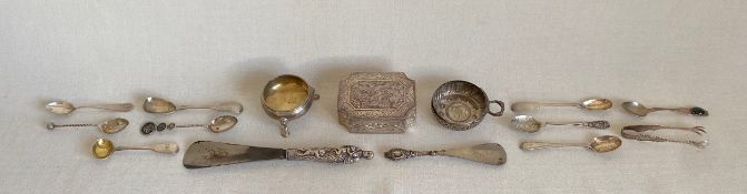A mixed collection of hallmarked silver and white metal to include a Chinese repousse box, two