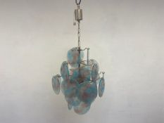 A vintage Murano Venetian iridescent grit glass disc chandelier with chrome armature. H.90 Dia.