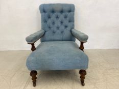 A Victorian mahogany open armchair having a square deep buttoned back and arms in duck-egg blue