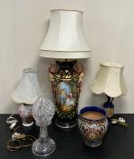 A mixed lot to include a large Sevres style ceramic twin handled table lamp along with a Royal